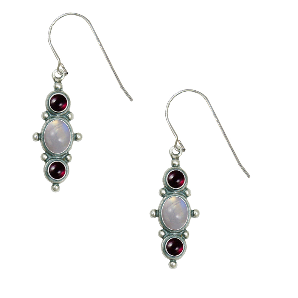 Sterling Silver Drop Dangle Earrings With Rainbow Moonstone And Garnet